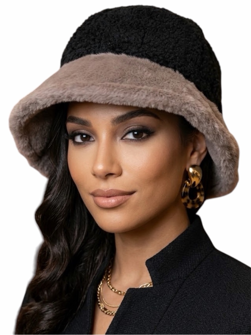 Sprigs Reversible Faux Fur and Sherpa Bucket Hat Black/mocha adjustable NWT